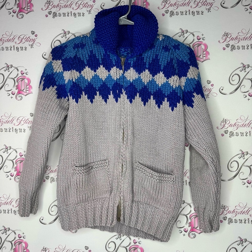 Knitted crochet sweater zip up collared Gray and Blue Argyle Knit Sweater